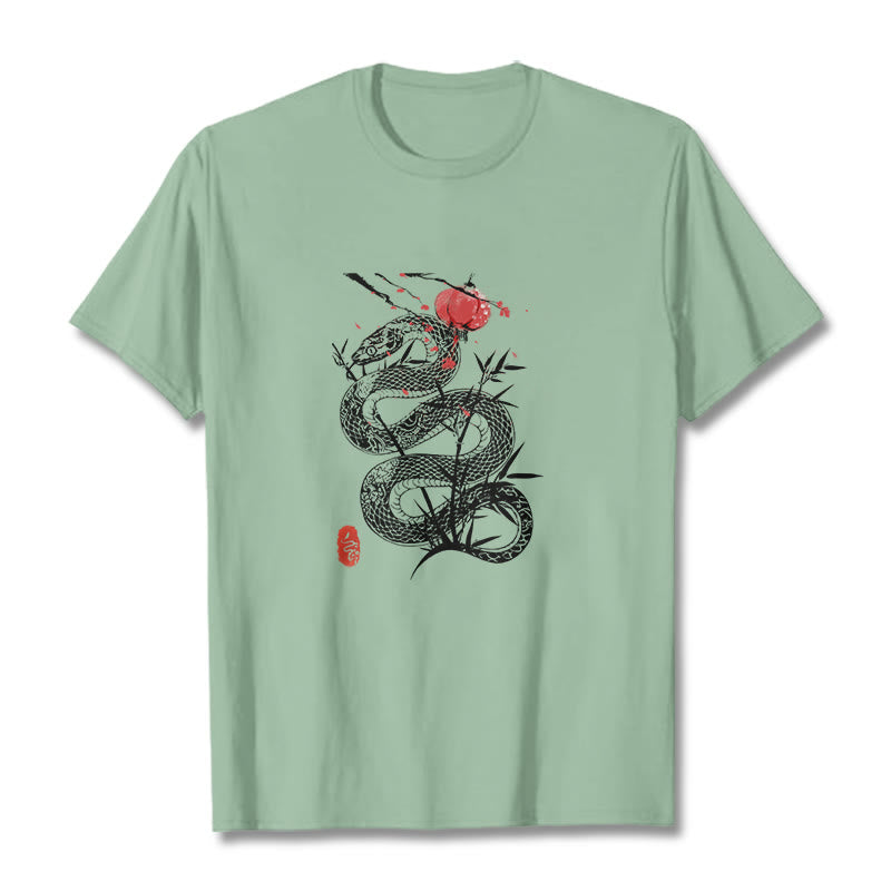 Maglietta in cotone con motivo a serpente, lanterna con Buddha Stones e foglie di bambù - Verde pallido - 2XL - image 14