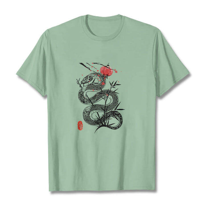 Maglietta in cotone con motivo a serpente, lanterna con Buddha Stones e foglie di bambù - Verde pallido - 2XL - image 14