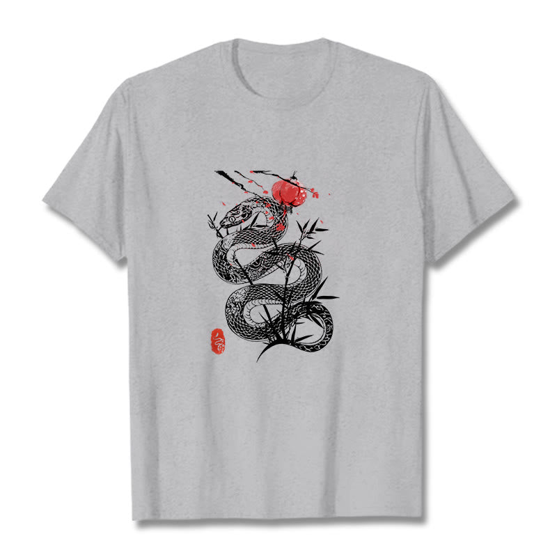 Maglietta in cotone con motivo a serpente, lanterna con Buddha Stones e foglie di bambù - Grigio chiaro - 2XL - image 11