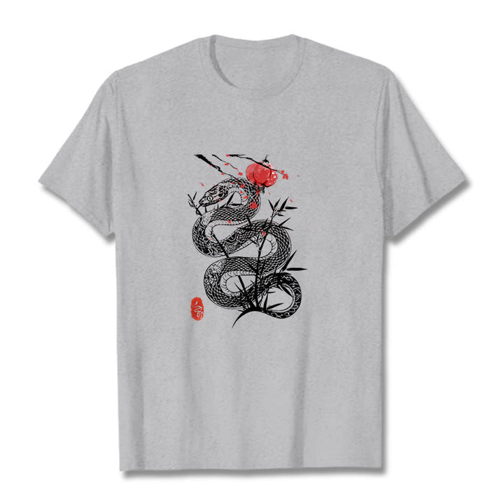 Maglietta in cotone con motivo a serpente, lanterna con Buddha Stones e foglie di bambù - Grigio chiaro - 2XL - image 11