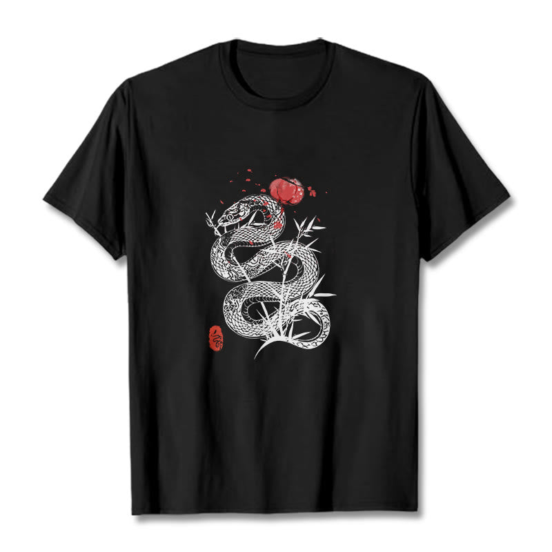 Maglietta in cotone con motivo a serpente, lanterna con Buddha Stones e foglie di bambù - Nero - 2XL - image 0