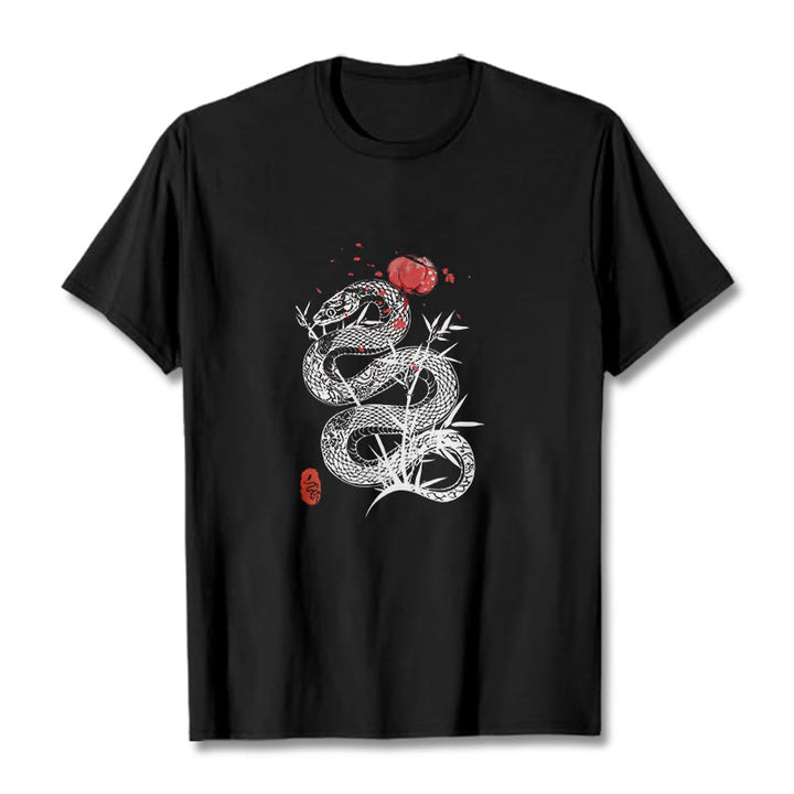 Maglietta in cotone con motivo a serpente, lanterna con Buddha Stones e foglie di bambù - Nero - 2XL - image 0