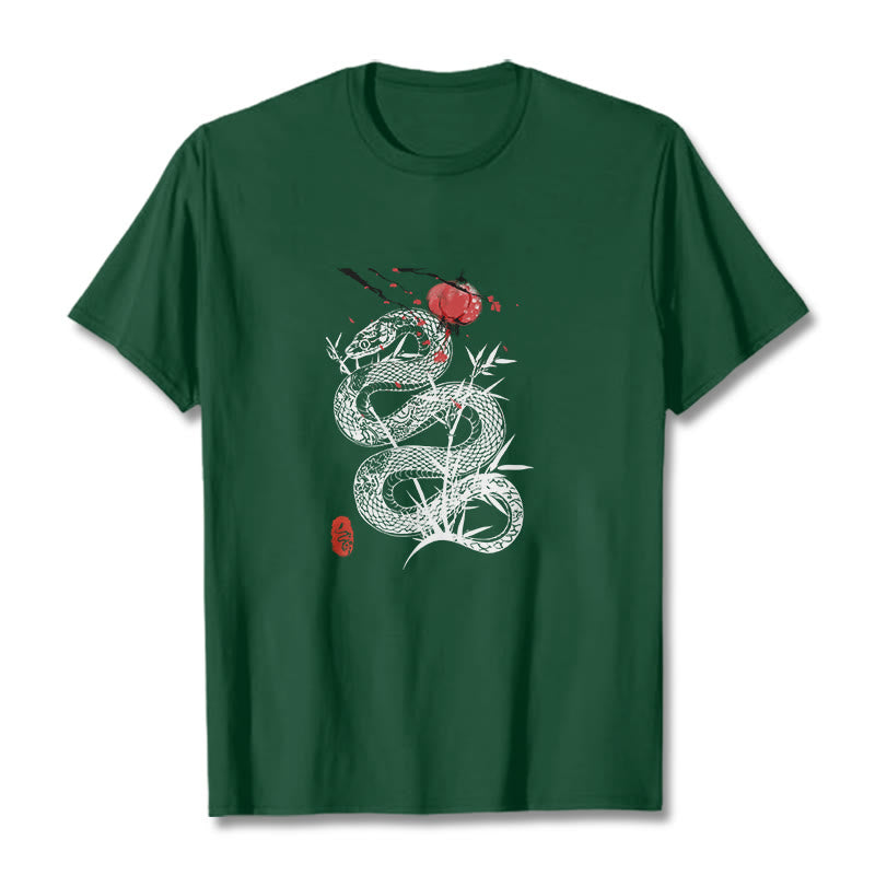 Maglietta in cotone con motivo a serpente, lanterna con Buddha Stones e foglie di bambù - Verde studentesco - 2XL - image 9