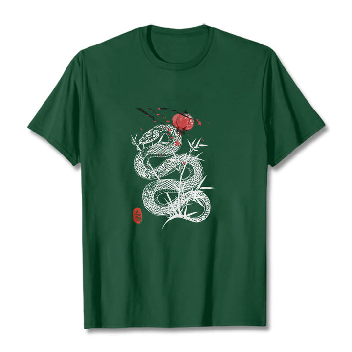 Maglietta in cotone con motivo a serpente, lanterna con Buddha Stones e foglie di bambù - Verde studentesco - 2XL - image 9