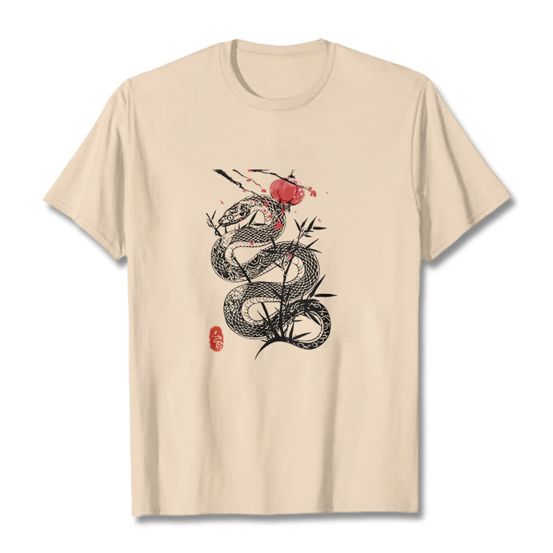 Maglietta in cotone con motivo a serpente, lanterna con Buddha Stones e foglie di bambù - Biscotto - 2XL - image 12