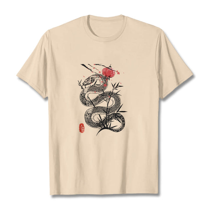 Maglietta in cotone con motivo a serpente, lanterna con Buddha Stones e foglie di bambù - Biscotto - 2XL - image 12