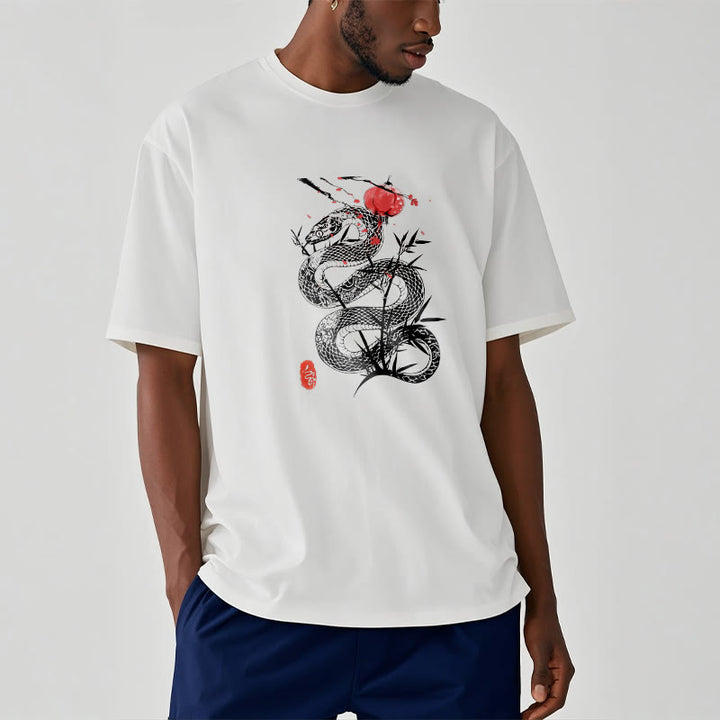 Maglietta in cotone con motivo a serpente, lanterna con Buddha Stones e foglie di bambù - Bianco - 2XL - image 7