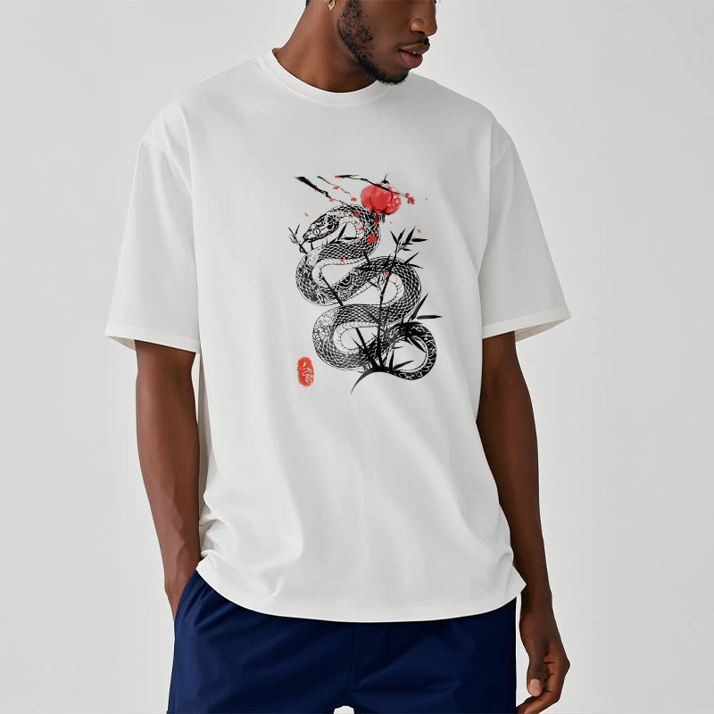 Maglietta in cotone con motivo a serpente, lanterna con Buddha Stones e foglie di bambù - Bianco - 2XL - image 8