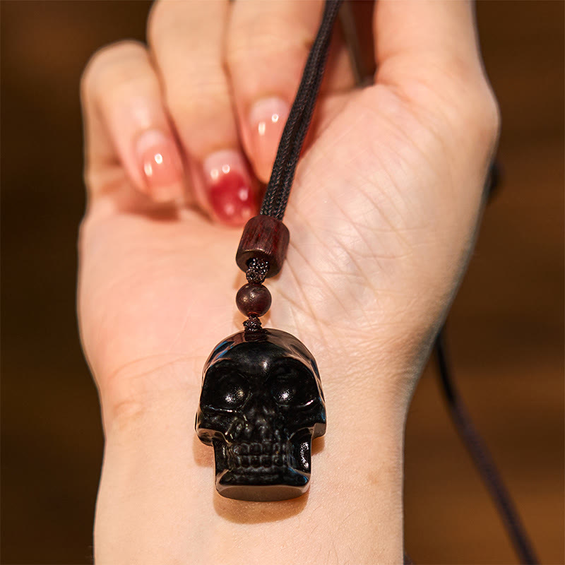 Collana pendente con scheletro Shmashana in corda di ossidiana nera Buddha Stones