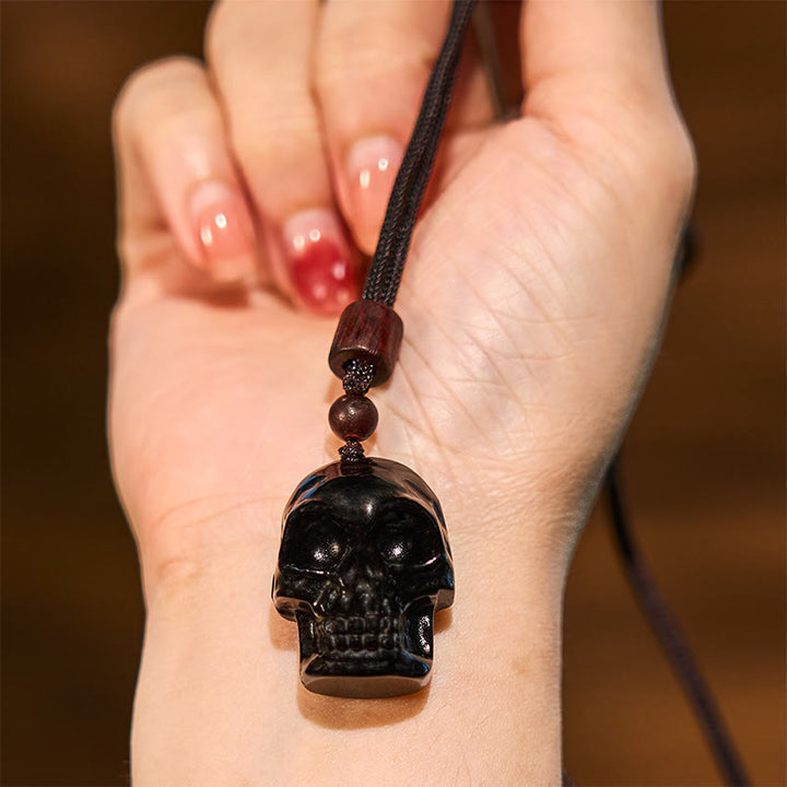 Collana pendente con scheletro Shmashana in corda di ossidiana nera Buddha Stones