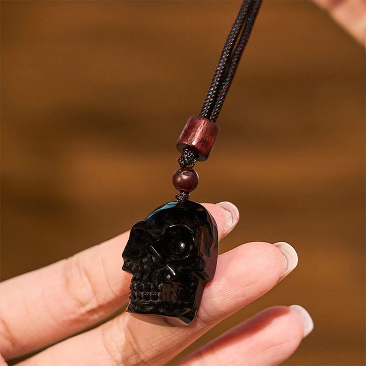 Collana pendente con scheletro Shmashana in corda di ossidiana nera Buddha Stones