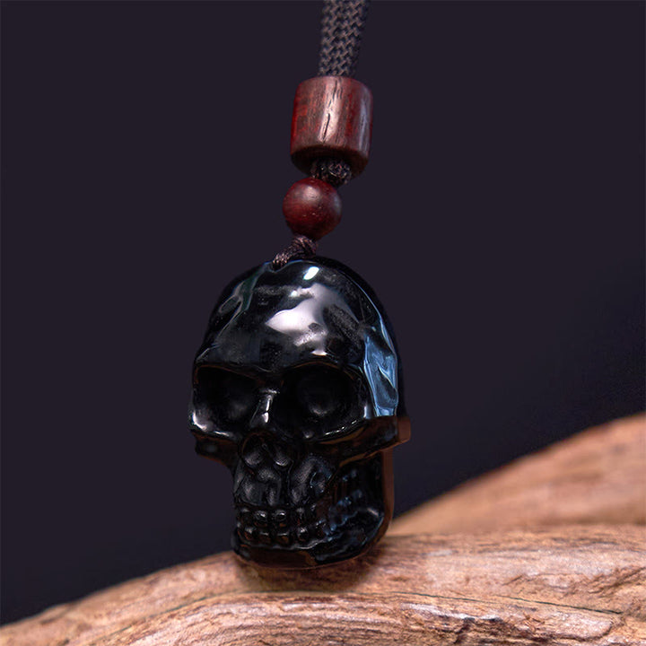 Collana pendente con scheletro Shmashana in corda di ossidiana nera Buddha Stones