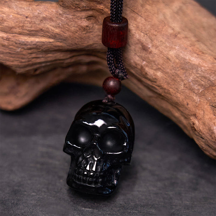 Collana pendente con scheletro Shmashana in corda di ossidiana nera Buddha Stones