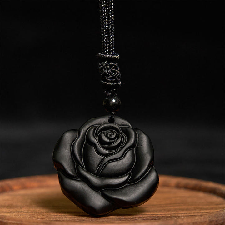 Collana con ciondolo di purificazione di rosa nera con corda di ossidiana nera Buddha Stones