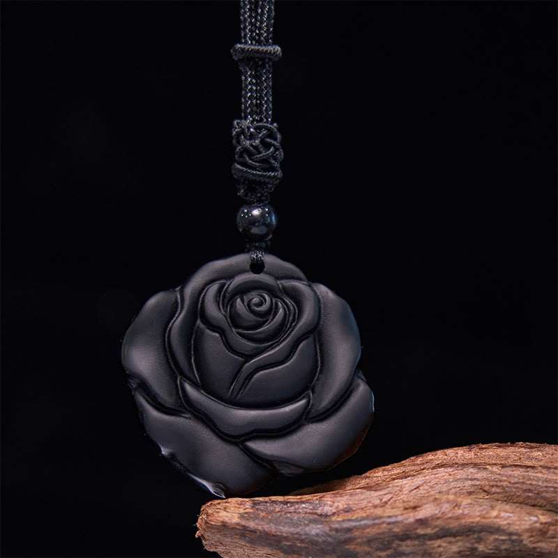 Collana con ciondolo di purificazione di rosa nera con corda di ossidiana nera Buddha Stones