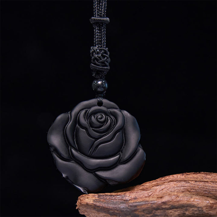 Collana con ciondolo di purificazione di rosa nera con corda di ossidiana nera Buddha Stones