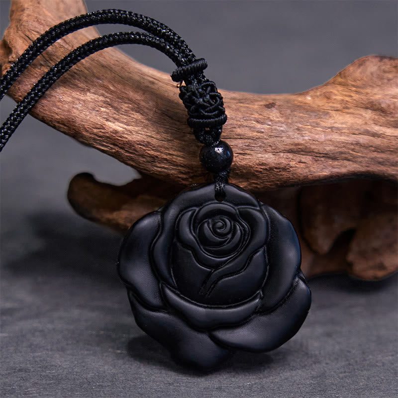 Collana con ciondolo di purificazione di rosa nera con corda di ossidiana nera Buddha Stones