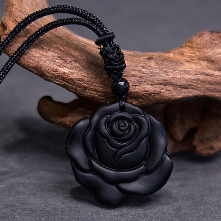 Collana con ciondolo di purificazione di rosa nera con corda di ossidiana nera Buddha Stones