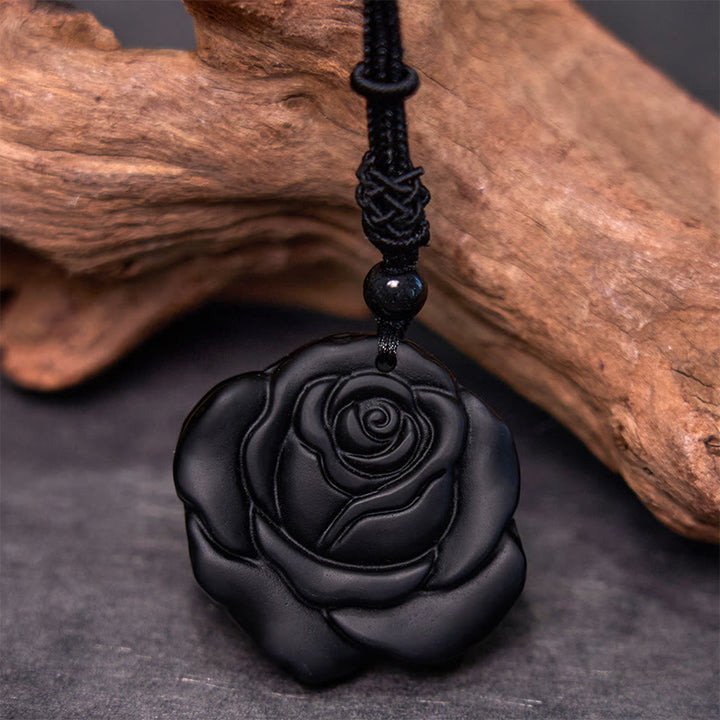 Collana con ciondolo di purificazione di rosa nera con corda di ossidiana nera Buddha Stones