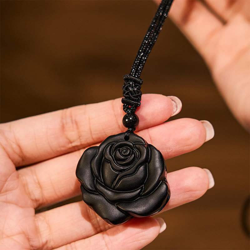 Collana con ciondolo di purificazione di rosa nera con corda di ossidiana nera Buddha Stones
