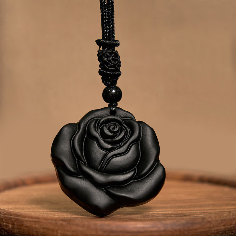 Collana con ciondolo di purificazione di rosa nera con corda di ossidiana nera Buddha Stones