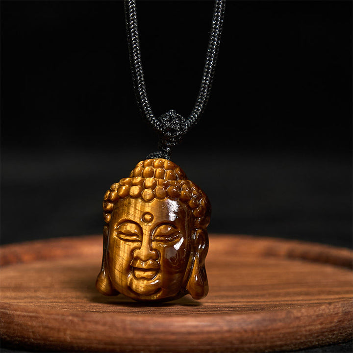 Collana con ciondolo a forma di testa di Buddha, occhio di tigre, Buddha Stones