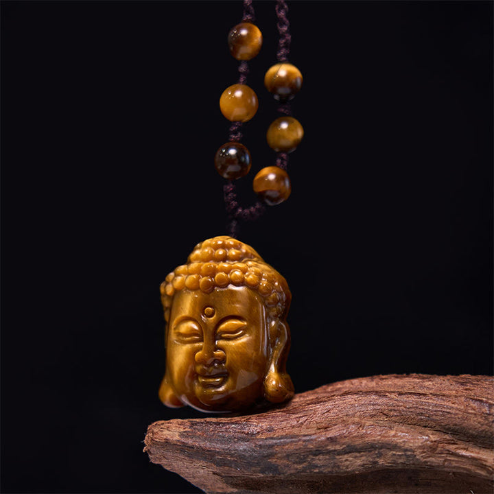 Collana con ciondolo a forma di testa di Buddha, occhio di tigre, Buddha Stones