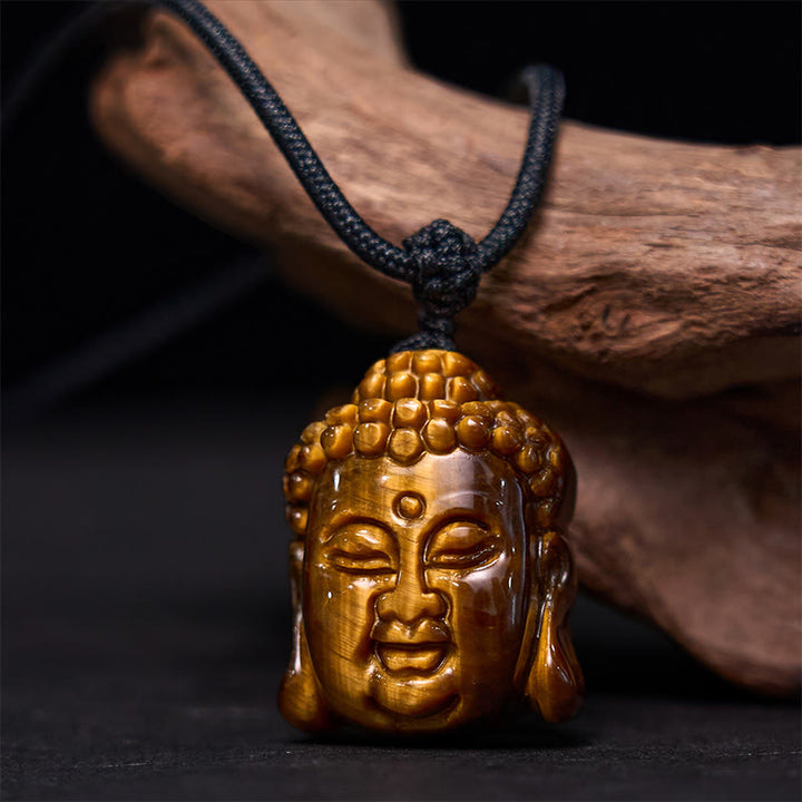 Collana con ciondolo a forma di testa di Buddha, occhio di tigre, Buddha Stones