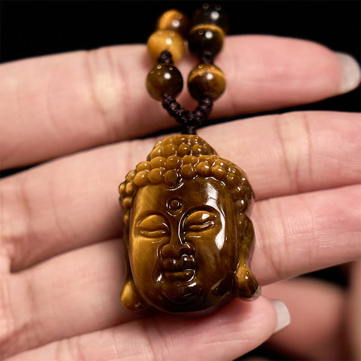 Collana con ciondolo a forma di testa di Buddha, occhio di tigre, Buddha Stones