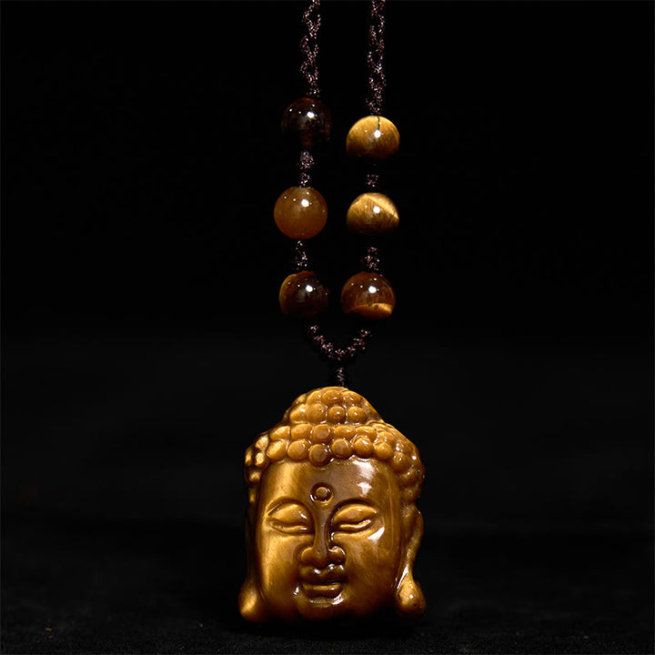 Collana con ciondolo a forma di testa di Buddha, occhio di tigre, Buddha Stones