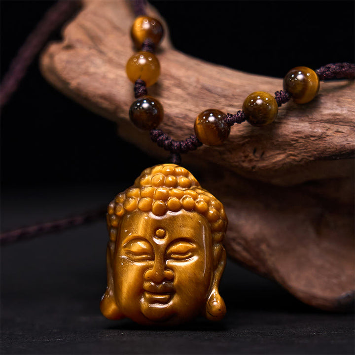 Collana con ciondolo a forma di testa di Buddha, occhio di tigre, Buddha Stones