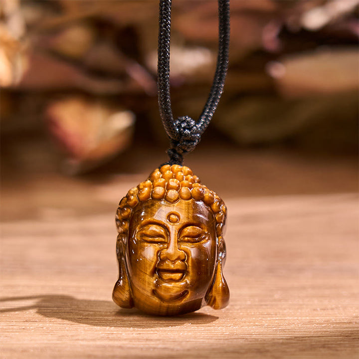 Collana con ciondolo a forma di testa di Buddha, occhio di tigre, Buddha Stones