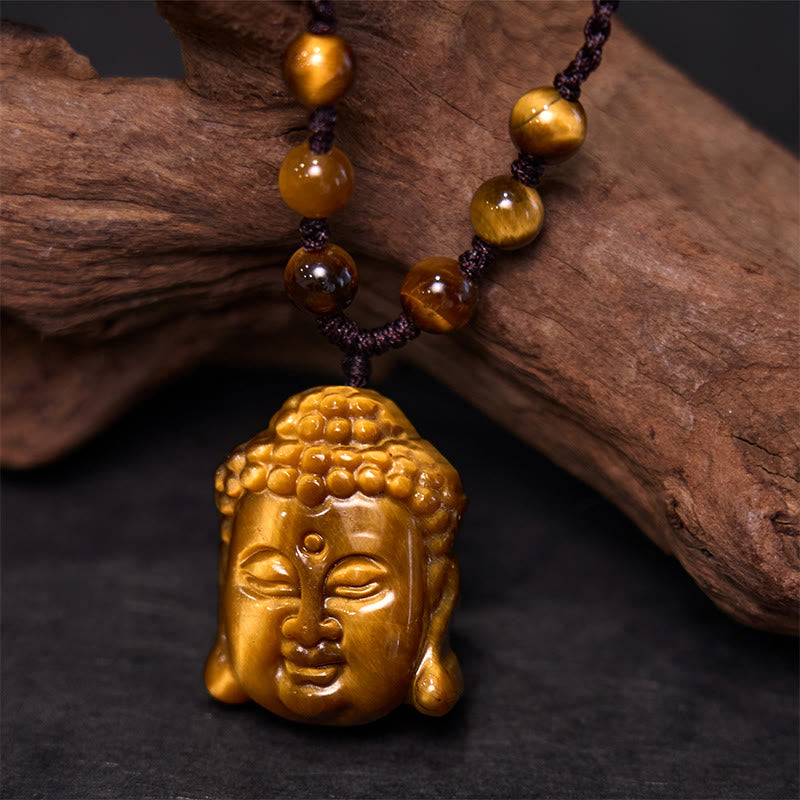Collana con ciondolo a forma di testa di Buddha, occhio di tigre, Buddha Stones