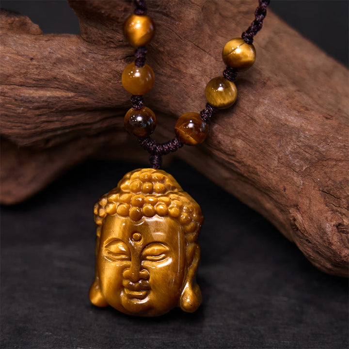 Collana con ciondolo a forma di testa di Buddha, occhio di tigre, Buddha Stones