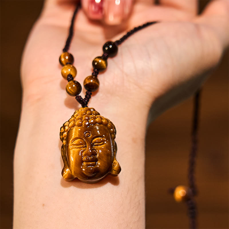 Collana con ciondolo a forma di testa di Buddha, occhio di tigre, Buddha Stones
