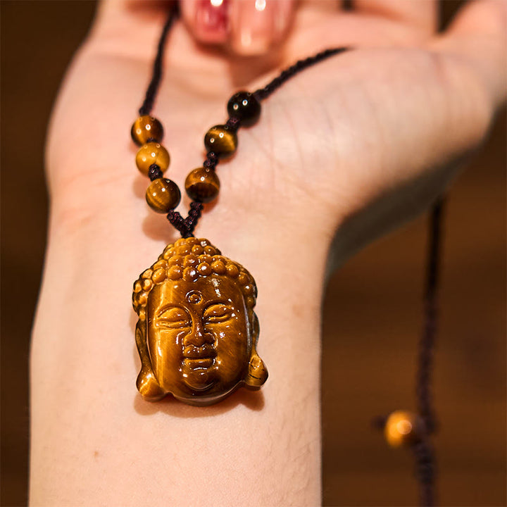 Collana con ciondolo a forma di testa di Buddha, occhio di tigre, Buddha Stones