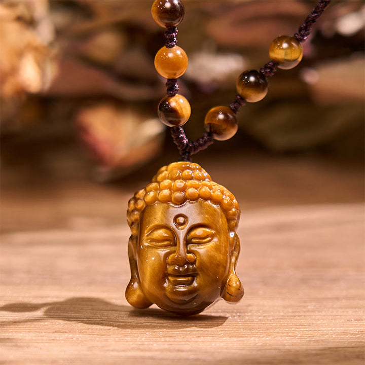 Collana con ciondolo a forma di testa di Buddha, occhio di tigre, Buddha Stones