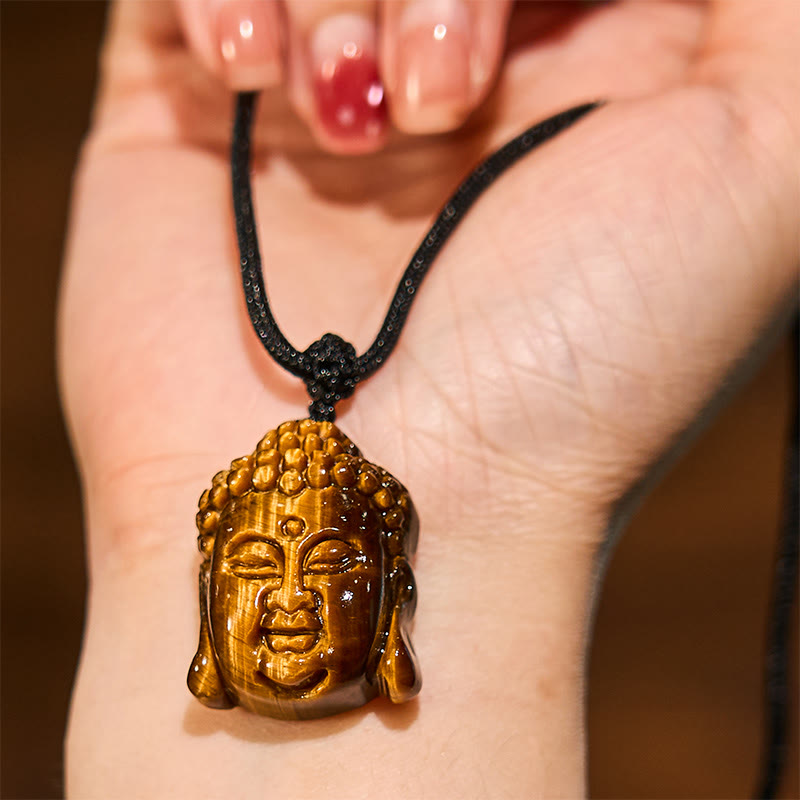 Collana con ciondolo a forma di testa di Buddha, occhio di tigre, Buddha Stones