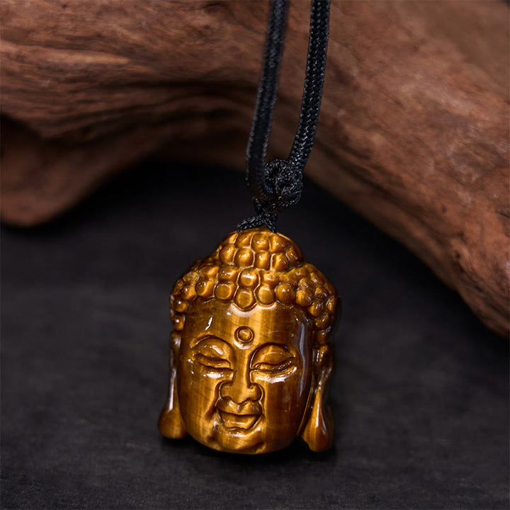 Collana con ciondolo a forma di testa di Buddha, occhio di tigre, Buddha Stones