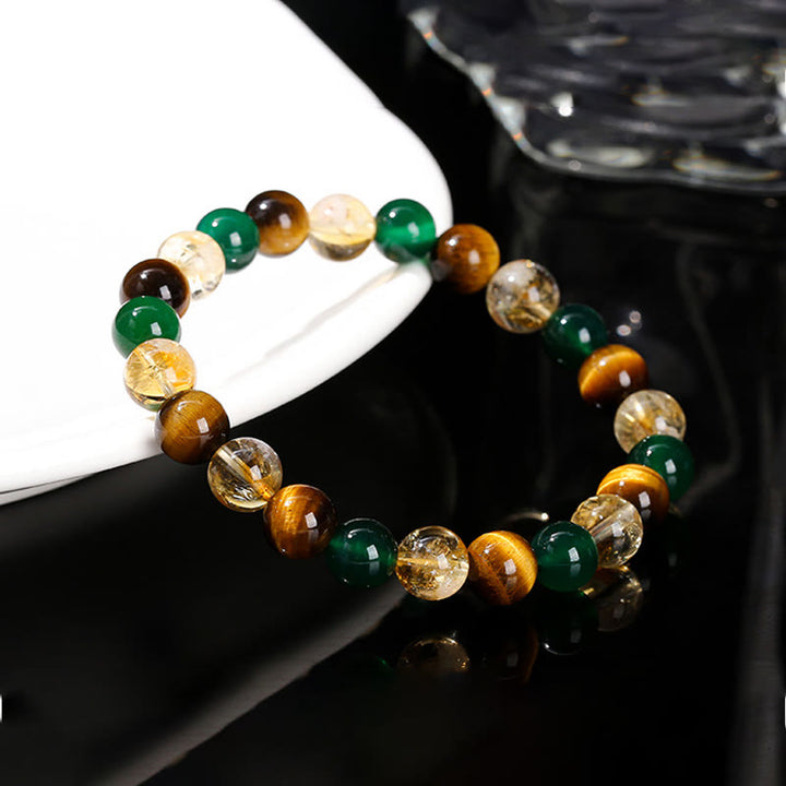 Braccialetto di protezione con perline abbinate in agata verde, occhio di tigre naturale, citrino e Buddha Stones
