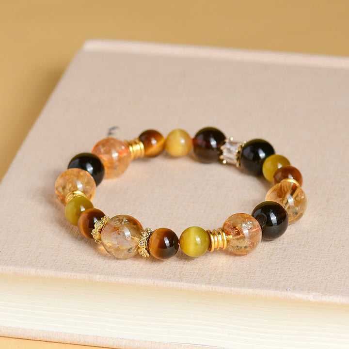 Braccialetto della prosperità in cristallo Duobao con occhio di tigre, quarzo fumé naturale citrino Buddha Stones