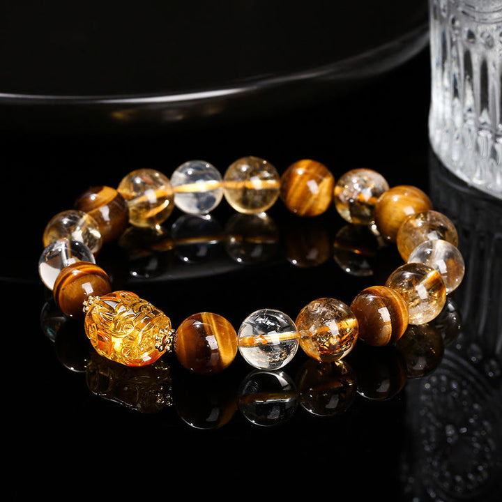 Braccialetto Buddha Stones Natural Yellow Tiger Eye Citrine Bees Wax Pixiu Strength