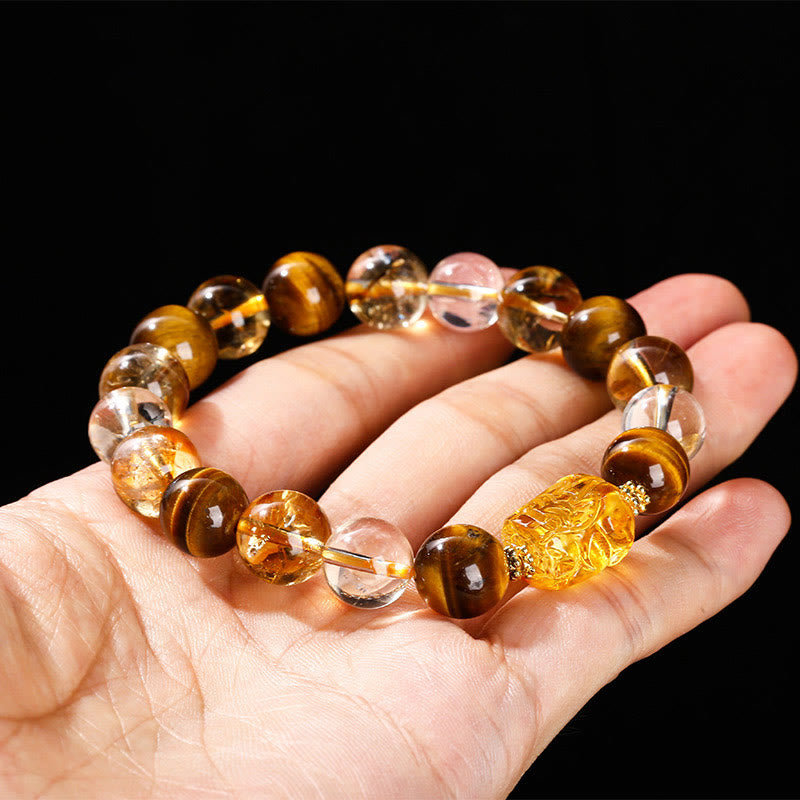 Braccialetto Buddha Stones Natural Yellow Tiger Eye Citrine Bees Wax Pixiu Strength