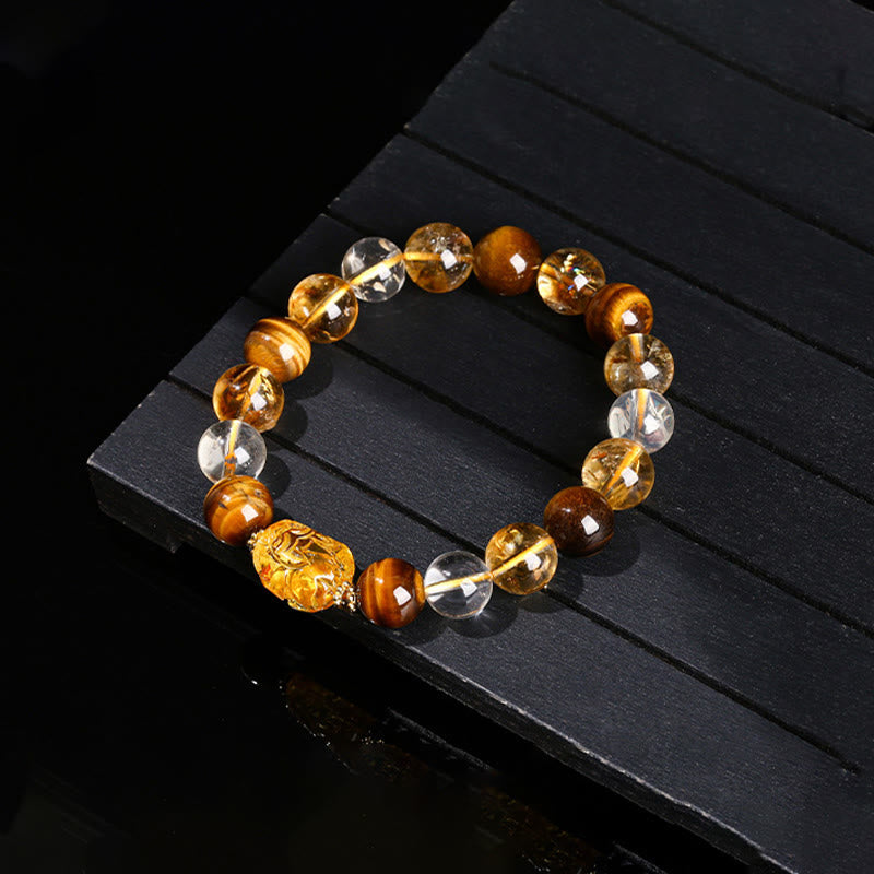 Braccialetto Buddha Stones Natural Yellow Tiger Eye Citrine Bees Wax Pixiu Strength