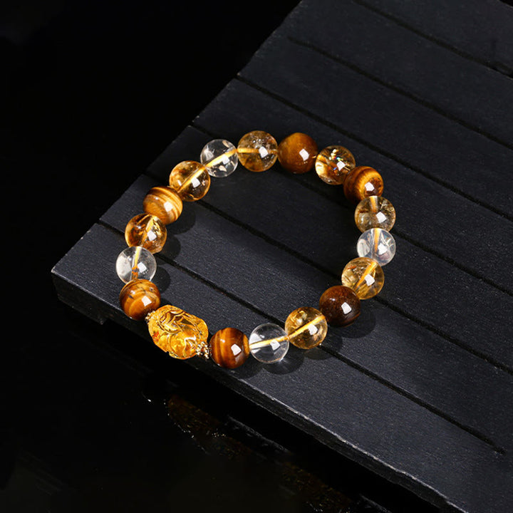 Braccialetto Buddha Stones Natural Yellow Tiger Eye Citrine Bees Wax Pixiu Strength