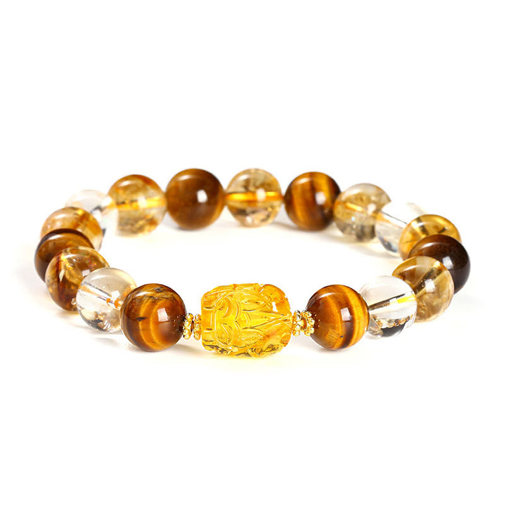 Braccialetto Buddha Stones Natural Yellow Tiger Eye Citrine Bees Wax Pixiu Strength