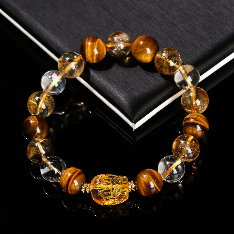 Braccialetto Buddha Stones Natural Yellow Tiger Eye Citrine Bees Wax Pixiu Strength