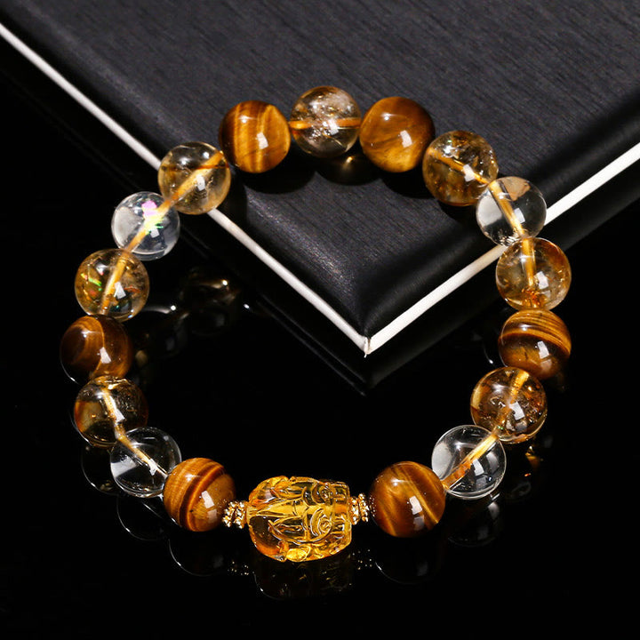 Braccialetto Buddha Stones Natural Yellow Tiger Eye Citrine Bees Wax Pixiu Strength