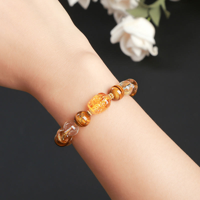Braccialetto Buddha Stones Natural Yellow Tiger Eye Citrine Bees Wax Pixiu Strength