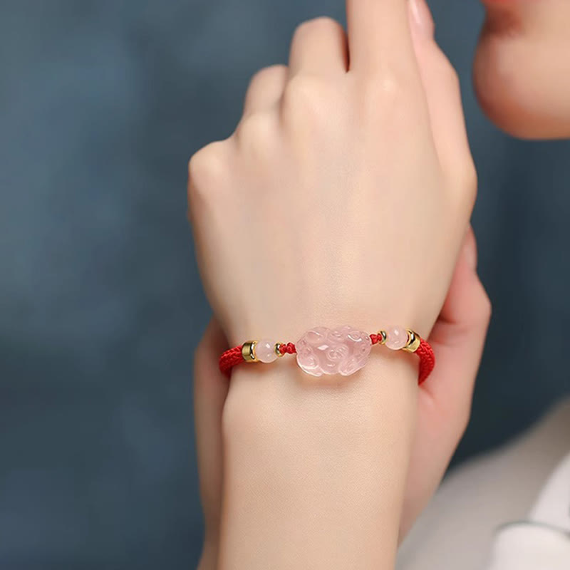 Braccialetto intrecciato con corda di cristallo rosa Buddha Stones PiXiu